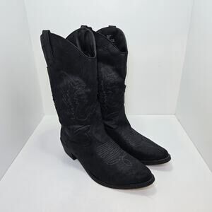 10M Black Western Cowboy Boots Fabric Faux Suede Embroidered